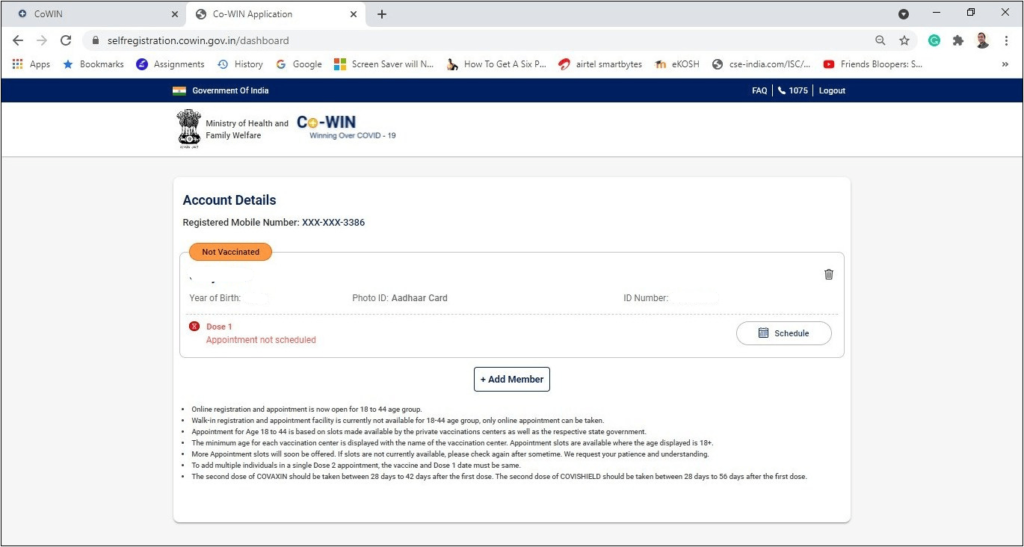 Appointment for vaccination